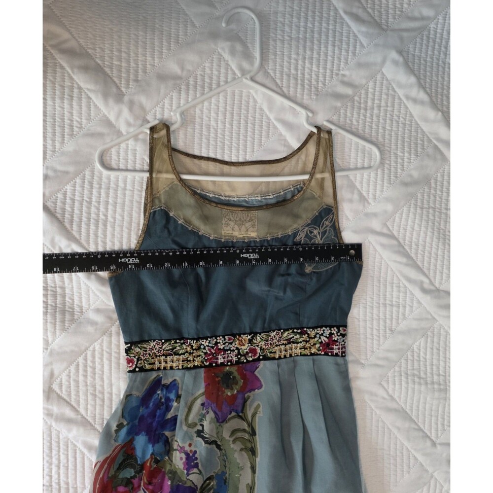 Anthropologie Floreat Silk Dress Womens Size 2 Blue With Floral Lined Skirt - Picture 4 of 9